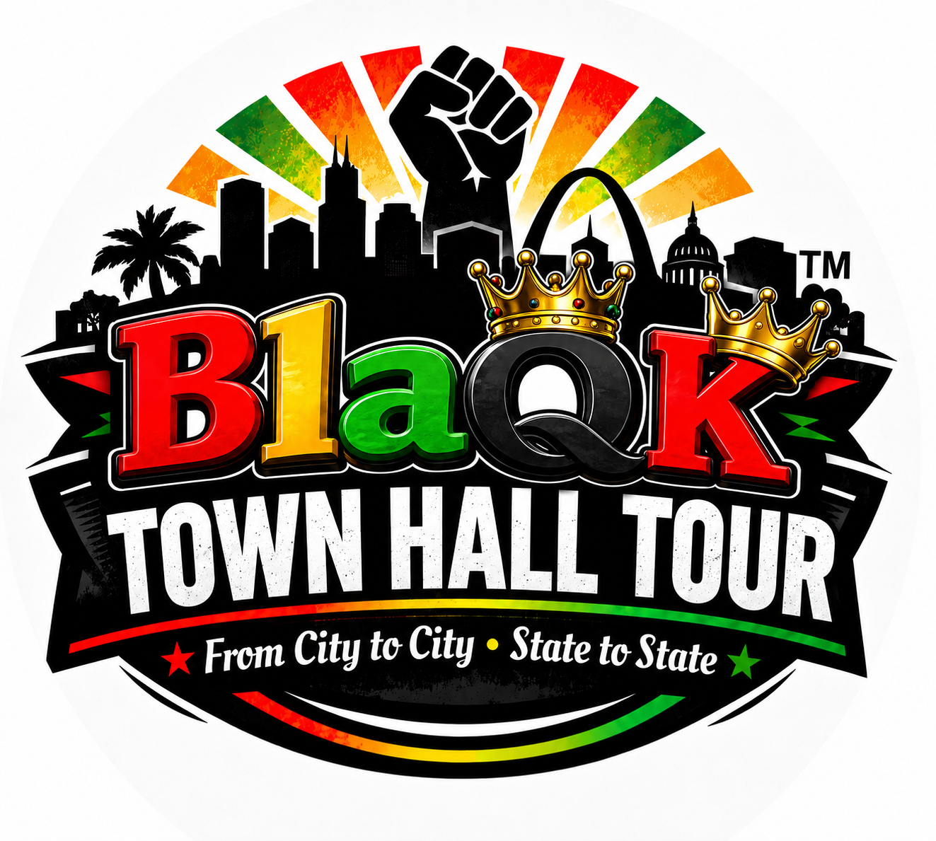 B1aQK Town Hall — raised fist over a skyline