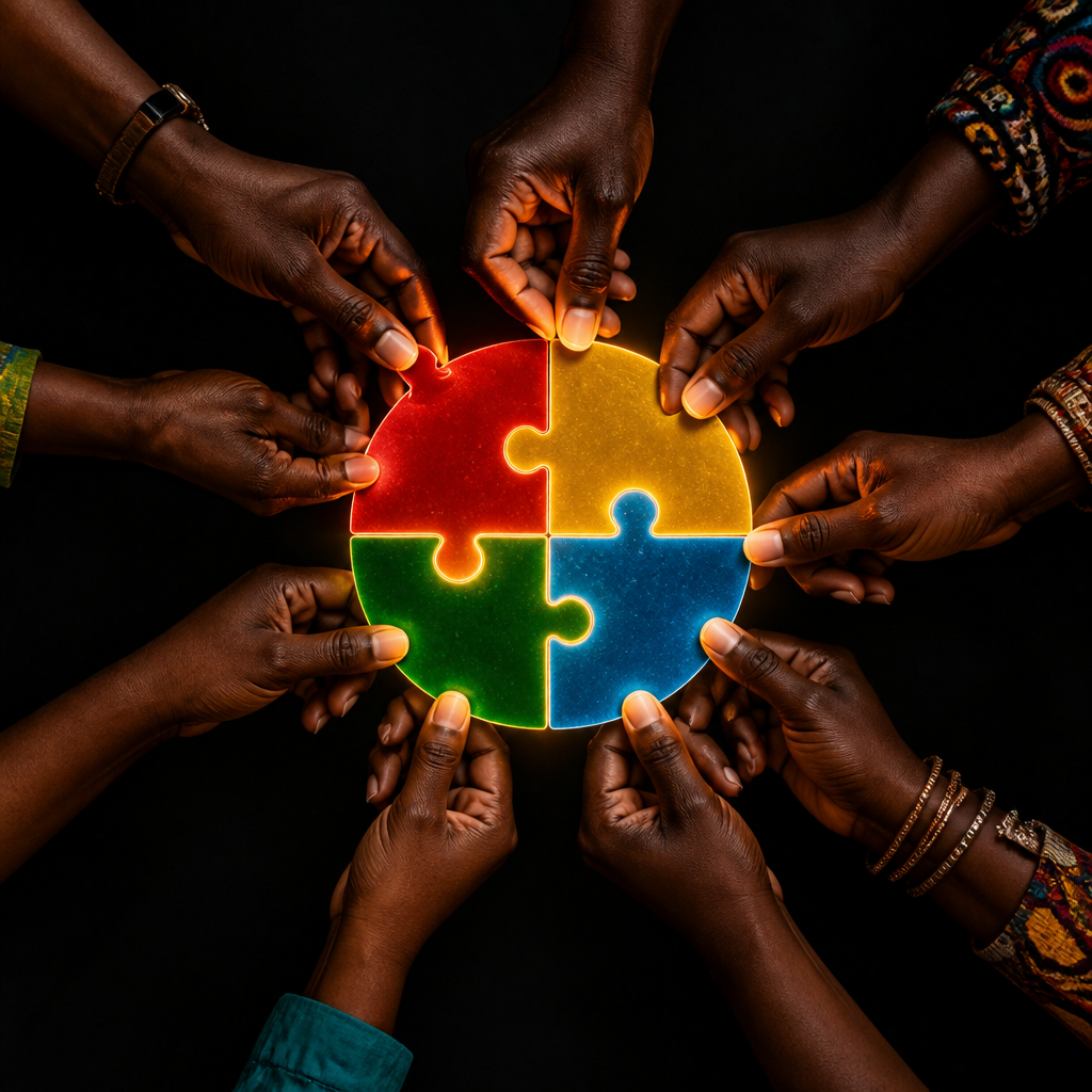 Diverse hands joining glowing puzzle pieces together
