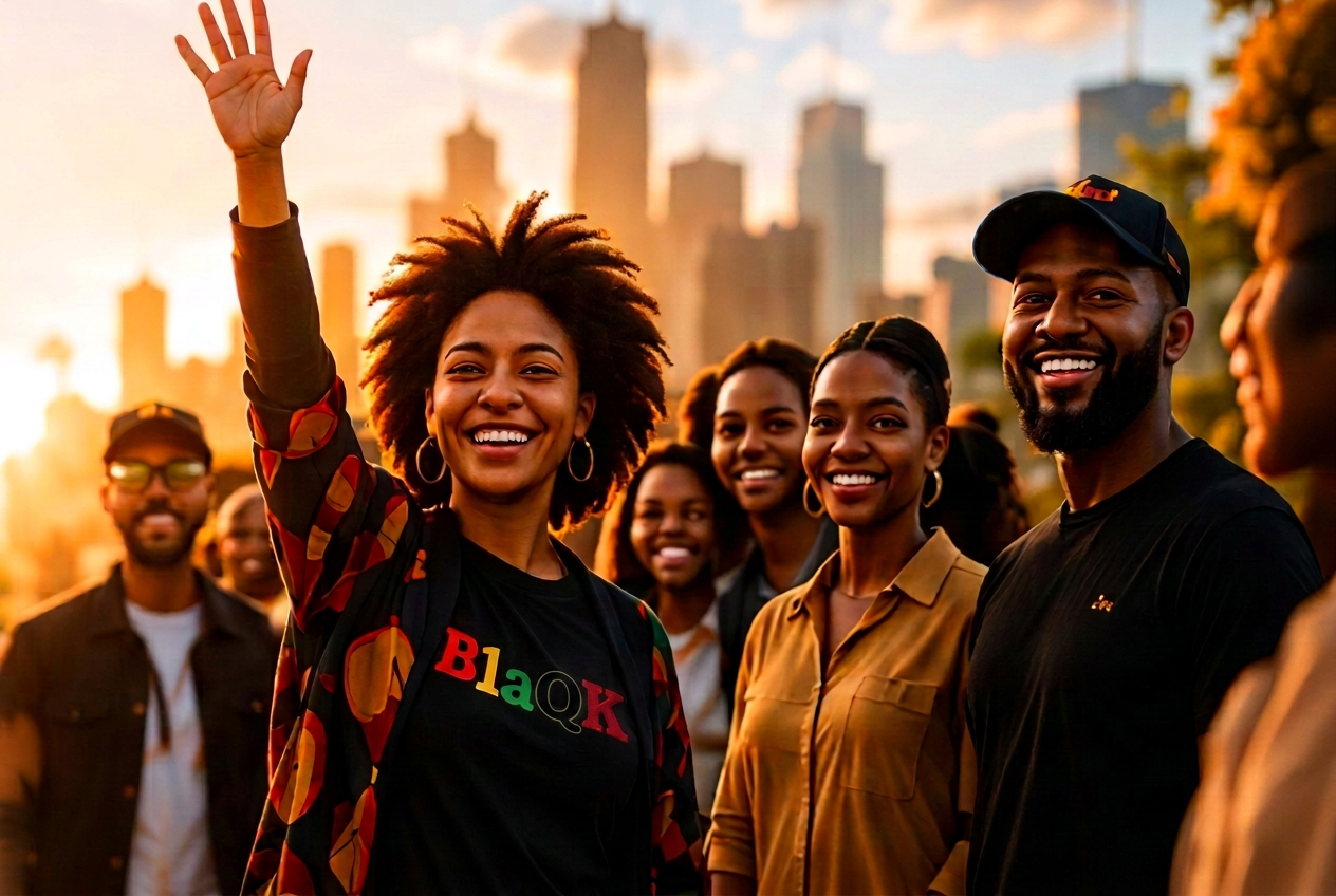 A joyful melanated woman waving with community members smiling beside her in warm city sunlight